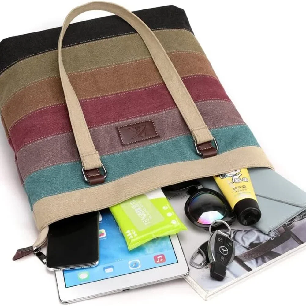 Canvas Handbag Multi-Color Striped Lattice Cross Body Shoulder Purse Bag Tote-Ha - Picture 3 of 6